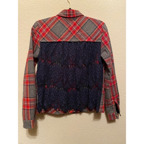 Sundance Red and Gray Wool Blend Plaid Button-Up Shirt With Back Lace Detailing - Picture 2 of 4